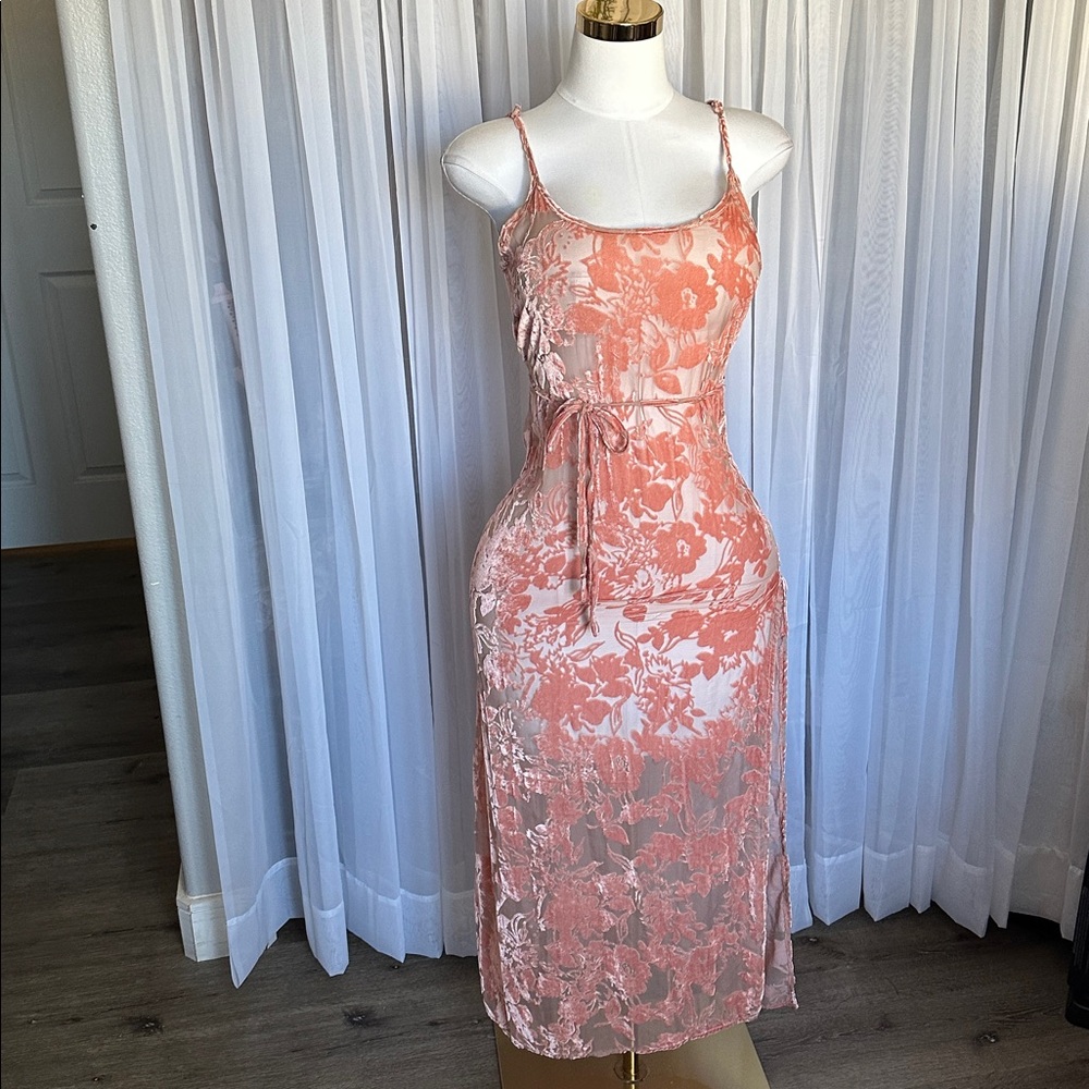 Sheer Velour Floral Rose Side Slit Long Dress